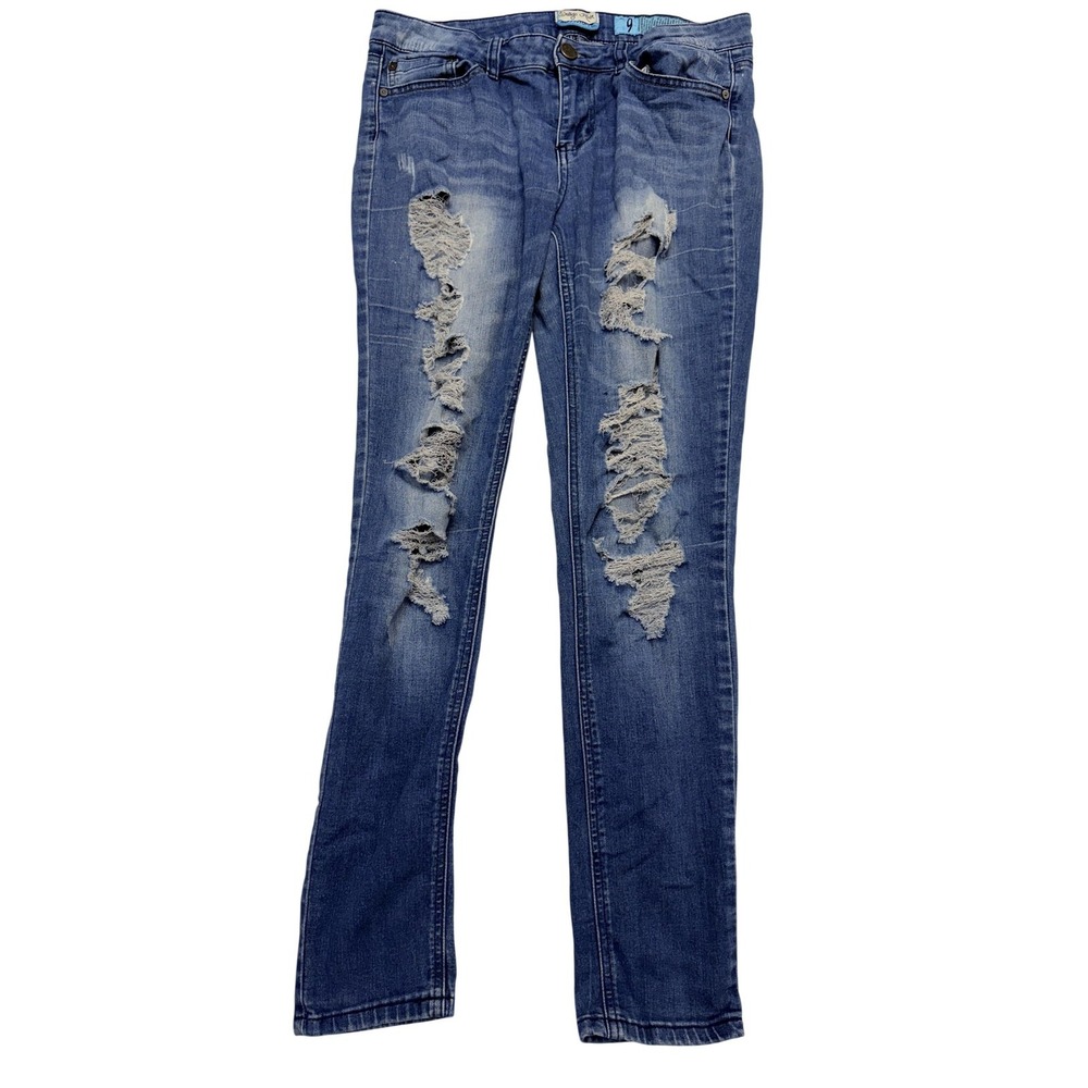Indigo Rein Skinny Jeans Juniors 9 Blue Distressed Muffin Topper Mid Rise 31x29